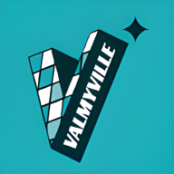 Logo Valmyville, un V en damier sur fond turquoise